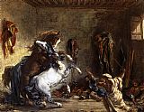 Famous Horses Paintings - Arab Horses Fighting in a Stable